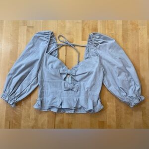 Mable Light Blue Bow Detail Cut Out Puff Sleeve Crop Top